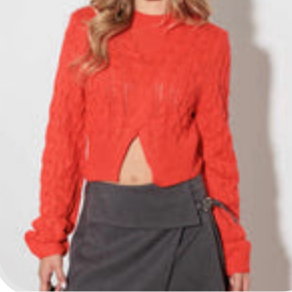 Crop Cable Knit Front Cut Out Long Sleeve Sweater
